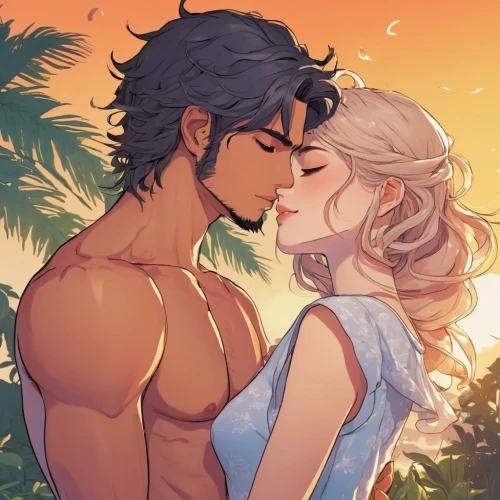 summer icons,honeymoon,summer crown,sun and moon,honolulu,summer background,summer day,romance novel,rosa ' amber cover,smooch,beach background,summer bloom,romantic portrait,garden of eden,lover's beach,sea breeze,sun and sea,summer evening,summer sky,cheek kissing,Illustration,Realistic Fantasy,Realistic Fantasy 12