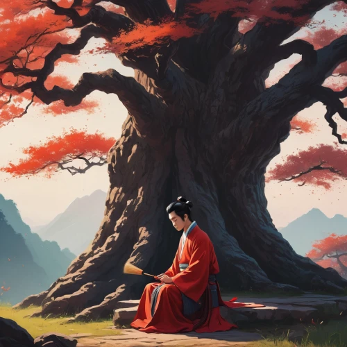 tea ceremony,the japanese tree,buddhist monk,tea zen,red tree,mulan,world digital painting,bodhi tree,oriental painting,japanese art,meditation,buddhists monks,chinese art,girl with tree,hanbok,geisha,geisha girl,japanese culture,buddhist,yunnan,Conceptual Art,Fantasy,Fantasy 32