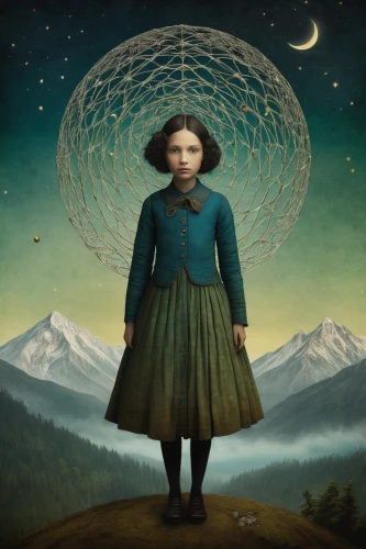 girl with a wheel,heliosphere,mystical portrait of a girl,equilibrium,flying seed,dreamcatcher,equilibrist,dreams catcher,dowsing,panopticon,astral traveler,zodiac sign libra,cd cover,northern hemisphere,divination,shirakami-sanchi,tightrope walker,sci fiction illustration,connectedness,spirit network,Illustration,Realistic Fantasy,Realistic Fantasy 35