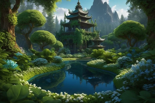 fantasy landscape,druid grove,lily pond,chinese temple,fairy village,green landscape,lotus pond,mountain spring,mushroom landscape,landscape background,chinese background,green meadow,green forest,lilly of the valley,forest landscape,cartoon video game background,japan landscape,zen garden,japan garden,sake gardens,Conceptual Art,Fantasy,Fantasy 14