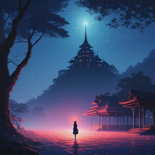 dusk background,japanese sakura background,house silhouette,kyoto,sakura background,japanese shrine,lantern,evening atmosphere,shrine,dusk,landscape background,pagoda,japan landscape,world digital painting,tsukemono,moonlit night,night scene,torii,before the dawn,lanterns,Conceptual Art,Fantasy,Fantasy 32