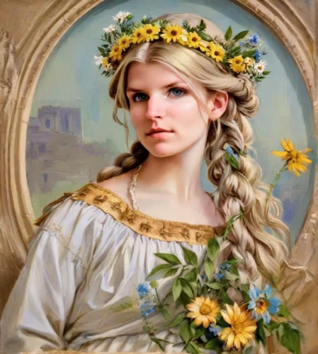 emile vernon,girl in a wreath,jessamine,girl in flowers,beautiful girl with flowers,flower crown of christ,fantasy portrait,wreath of flowers,romantic portrait,golden wreath,blooming wreath,floral wreath,portrait of a girl,rapunzel,rose wreath,young girl,flower crown,flower wreath,mystical portrait of a girl,laurel wreath