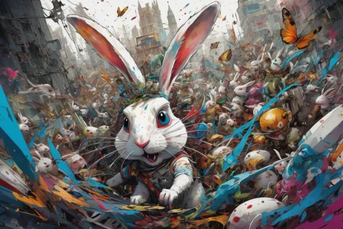 white rabbit,rainbow rabbit,easter festival,gray hare,rabbits,rabbits and hares,rabbit,easter background,easter theme,amano,easter rabbits,alice in wonderland,easter bunny,the festival of colors,bunny,hare trail,hare,white bunny,easter-colors,hare field,Illustration,Paper based,Paper Based 13