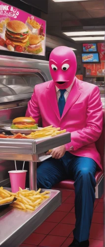 fast-food,man in pink,fast food junky,fast food restaurant,fastfood,fast food,pink diamond,businessman,mcdonald,hamburgers,mcdonalds,cashier,burgers,jack in the box,clerk,magenta,taco mouse,luther burger,burger,appetite,Conceptual Art,Daily,Daily 16