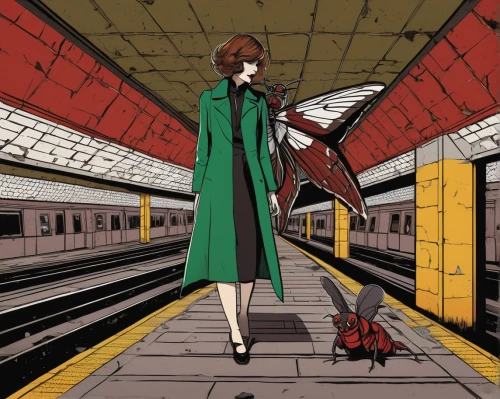the girl at the station,subway station,sci fiction illustration,subway,girl with dog,camera illustration,asuka langley soryu,chara,feist,overcoat,red bag,mary jane,commute,commuter,train platform,last train,travel woman,subway system,spy visual,dog illustration,Illustration,Vector,Vector 14