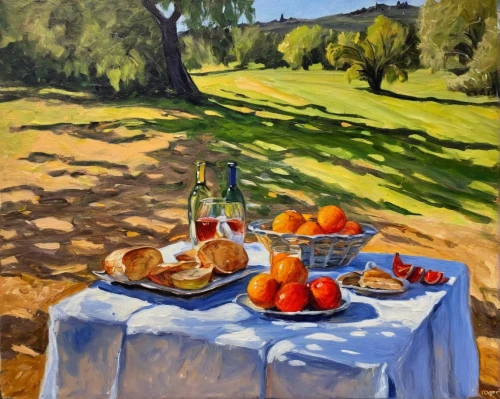 summer still-life,tuscan,breakfast table,picnic basket,picnic,autumn still life,food table,olive grove,still life of spring,leittafel,mediterranean,alentejo,provencal life,bistro,oil painting,basket with apples,antipasti,holiday table,summer fruit,frutti di bosco,Conceptual Art,Oil color,Oil Color 22