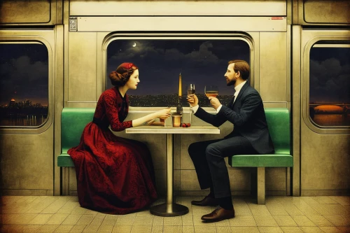 man and woman,romantic dinner,man and wife,surrealism,the girl at the station,courtship,romantic scene,london underground,vintage man and woman,communion,romantic portrait,romantic night,train of thought,romantic meeting,surrealistic,conversation,fortune telling,holy supper,two people,contemporary witnesses,Illustration,Realistic Fantasy,Realistic Fantasy 35