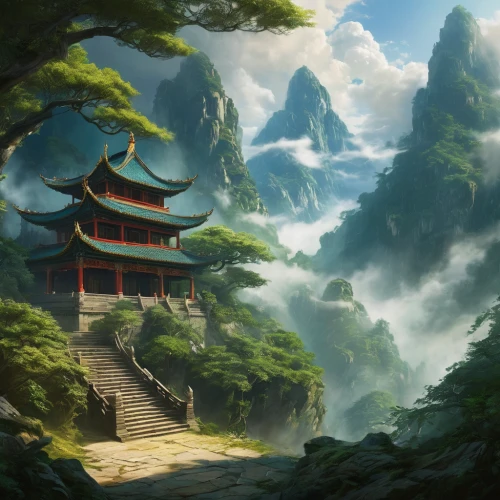 chinese temple,fantasy landscape,asian architecture,tigers nest,yunnan,chinese architecture,chinese background,oriental,landscape background,hall of supreme harmony,mountain landscape,ancient city,world digital painting,mountain scene,japan landscape,chinese art,hanging temple,high landscape,forbidden palace,mountainous landscape,Conceptual Art,Fantasy,Fantasy 05