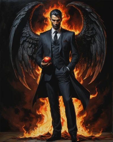 business angel,the archangel,lucifer,a black man on a suit,cd cover,twitch icon,black businessman,daemon,dark suit,two face,agent 13,angelology,mafia,smoking man,bond,white-collar worker,gentleman icons,businessman,james bond,archangel,Illustration,Realistic Fantasy,Realistic Fantasy 06