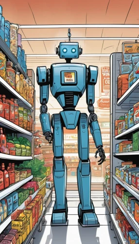 grocer,supermarket,grocery shopping,grocery,shopping icon,grocery store,robots,groceries,retail trade,shopper,automation,robot,supermarket shelf,industrial robot,minibot,bot,robotic,automated,robotics,toy store,Illustration,American Style,American Style 13