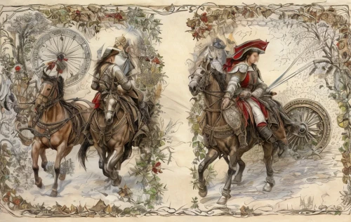 cavalry,carolers,christmas messenger,vintage christmas card,hanging elves,hunting scene,two-horses,the three magi,three wise men,elves,andalusians,the three wise men,illustrations,three kings,santa clauses,horse riders,sleigh with reindeer,santa claus with reindeer,man and horses,musketeers,Game Scene Design,Game Scene Design,Renaissance