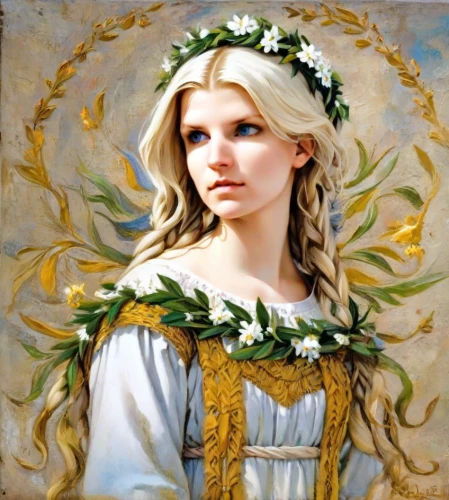 jessamine,laurel wreath,girl in a wreath,virgo,artemisia,mary-gold,golden wreath,celtic queen,jasmin-solanum,portrait of a girl,eufiliya,portrait of christi,thracian,fantasy portrait,baroque angel,mystical portrait of a girl,joan of arc,angelica,rapunzel,mary 1