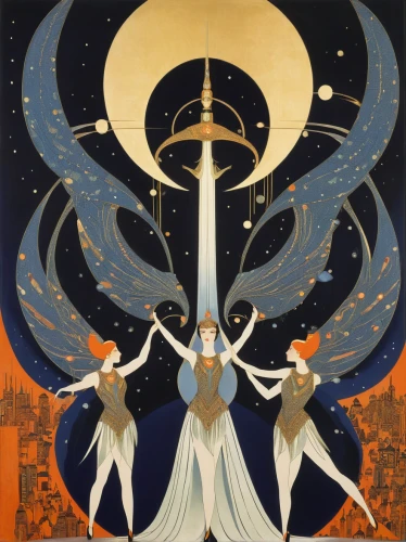 art deco woman,art nouveau design,art deco,art deco ornament,constellation swan,art nouveau,mucha,the three magi,priestess,fairies aloft,queen of the night,harmonia macrocosmica,celebration of witches,rem in arabian nights,zodiac sign libra,star mother,solstice,heliosphere,ophiuchus,sorceress,Illustration,Retro,Retro 26