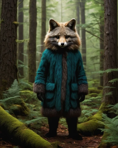 north american raccoon,fur clothing,forest animal,fur coat,rocket raccoon,raccoon,child fox,digital compositing,anthropomorphized animals,woodland animals,the fur red,fur,animal film,forest man,forest animals,woodsman,overcoat,coat,little fox,fox in the rain,Illustration,Paper based,Paper Based 01