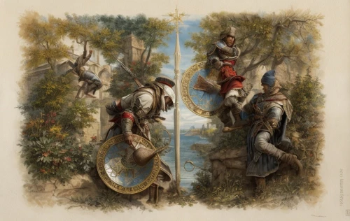 hunting scene,musketeers,hanging elves,knights,conquistador,tapestry,medieval,the order of the fields,guards of the canyon,knight festival,pilgrimage,cavalry,il giglio,french digital background,frame border illustration,grand bleu de gascogne,church painting,three kings,knight tent,saint michel,Game Scene Design,Game Scene Design,Renaissance