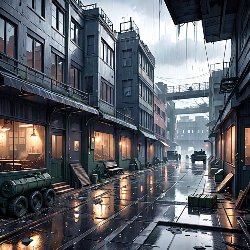 alleyway,rainy,factories,alley,shanghai,concept art,industrial landscape,empty factory,heavy rain,kowloon city,fallout4,game art,weather-beaten,kowloon,warsaw uprising,rainy day,atmosphere,heavy water factory,industrial ruin,warehouse,Anime,Anime,General