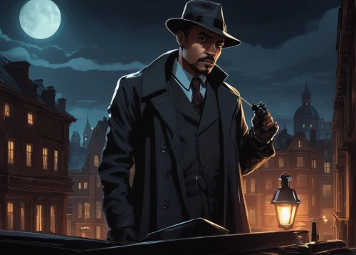 investigator,detective,inspector,private investigator,game illustration,sherlock holmes,lamplighter,holmes,watchmaker,gas lamp,mafia,overcoat,night administrator,play escape game live and win,clockmaker,bram stoker,spy,mystery book cover,spy visual,gunfighter,Art,Classical Oil Painting,Classical Oil Painting 24
