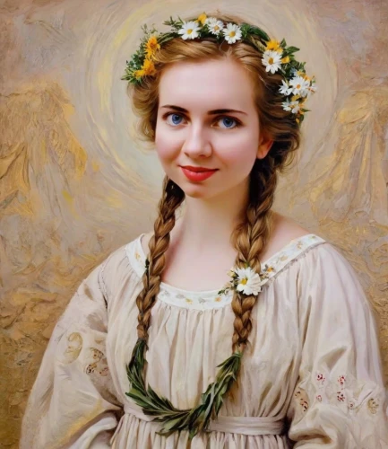 emile vernon,girl in a wreath,portrait of a girl,girl in flowers,beautiful girl with flowers,vintage female portrait,young girl,jessamine,romantic portrait,flower crown of christ,girl with bread-and-butter,young woman,girl portrait,flower garland,wreath of flowers,girl picking flowers,mystical portrait of a girl,lillian gish - female,floral wreath,floral garland