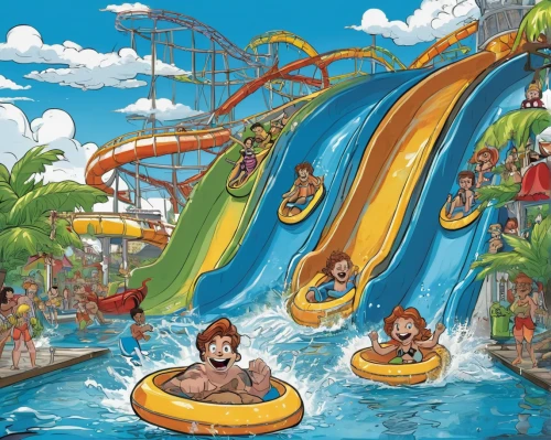 water park,white water inflatables,boat rapids,pedal boats,raft,amusement park,summer floatation,rapids,mahogany bay,pedalos,diamond lagoon,dolphinarium,lagoon,theme park,water sports,surfboat,personal water craft,the disneyland resort,sea fantasy,children's ride,Illustration,American Style,American Style 13
