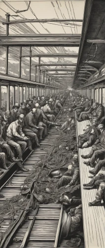 concentration camp,workhouse,merchant train,animal line art,the morgue,greyhound racing,workers,livestock farming,conveyor,fish market,conveyor belt,shoemaking,rack railway,sawmill,rows of seats,july 1888,sheep shearing,livestock,train car,the production of the beer,Illustration,Black and White,Black and White 27