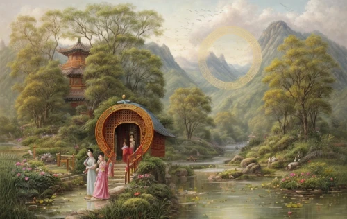 fantasy picture,chinese art,chinese temple,thai temple,oriental painting,mountain scene,fairy house,yogananda guru,fairy village,home landscape,fantasy landscape,han thom,house in the forest,pachamama,sacred lotus,wishing well,idyll,mantra om,fantasy art,yogananda,Game Scene Design,Game Scene Design,Chinese Martial Arts Fantasy