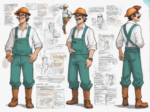 blue-collar worker,railroad engineer,tradesman,costume design,a carpenter,male character,male poses for drawing,construction worker,winemaker,brown sailor,plumber,white-collar worker,lumberjack pattern,chimney sweep,stevedore,bricklayer,farmer in the woods,engineer,comic character,forest workers,Unique,Design,Character Design