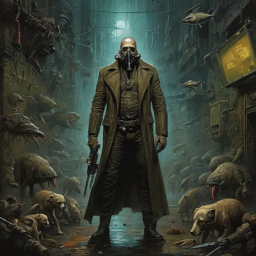 fallout4,weimaraner,bane,sci fiction illustration,game art,cyberpunk,game illustration,the wanderer,the pandemic,blind alley,infiltrator,gamekeeper,hellboy,post apocalyptic,cg artwork,rasputin,primitive man,massively multiplayer online role-playing game,sheep shearer,hooded man,Illustration,Realistic Fantasy,Realistic Fantasy 40