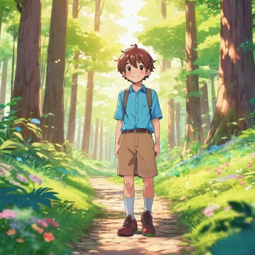 forest walk,studio ghibli,in the forest,forest background,forest clover,forest path,forest,child in park,walk in a park,wander,trail,the forest,forest man,forest road,forest floor,nature trail,walk,summer day,hiker,kids illustration,Illustration,Japanese style,Japanese Style 02