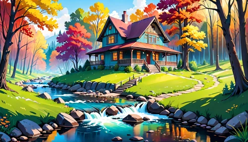 fall landscape,house in the forest,autumn landscape,cottage,summer cottage,home landscape,autumn background,autumn idyll,autumn camper,landscape background,autumn scenery,log cabin,houses clipart,autumn forest,autumn theme,mushroom landscape,cartoon video game background,house in mountains,forest landscape,little house,Anime,Anime,General