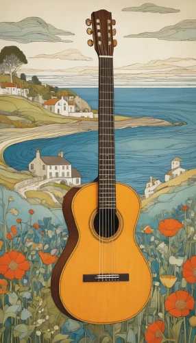 acoustic-electric guitar,classical guitar,acoustic guitar,ukulele,sea beach-marigold,folk instrument,bouzouki,stringed instrument,folk music,charango,painted guitar,the guitar,guitar,acoustic,flamenco,concert guitar,mandolin,string instrument,plucked string instrument,stringed bowed instrument,Illustration,Retro,Retro 23