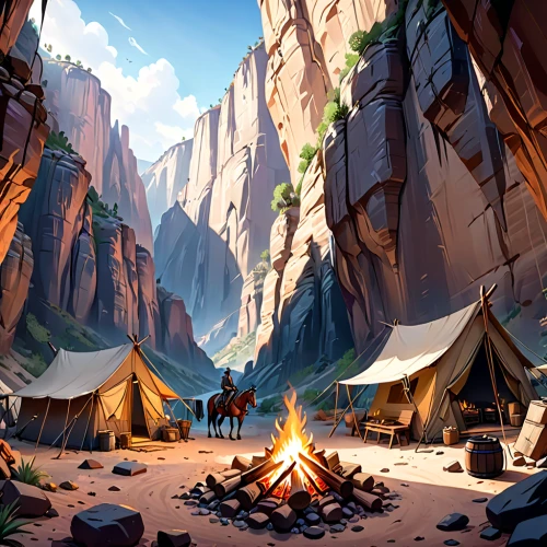 campsite,campfires,mountain settlement,campground,zion,fairyland canyon,canyon,mountain village,game illustration,tents,concept art,camping,anasazi,tourist camp,mountain scene,guards of the canyon,campire,nomads,campfire,angel's landing,Anime,Anime,General