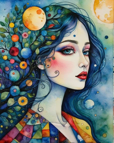 boho art,watercolor women accessory,watercolor painting,virgo,mother earth,moonflower,blue moon rose,spring equinox,girl in flowers,the zodiac sign pisces,watercolor pencils,mystical portrait of a girl,zodiac sign gemini,cosmic flower,watercolor,faery,zodiac sign libra,watercolor paint,girl in a wreath,psychedelic art,Illustration,Realistic Fantasy,Realistic Fantasy 10