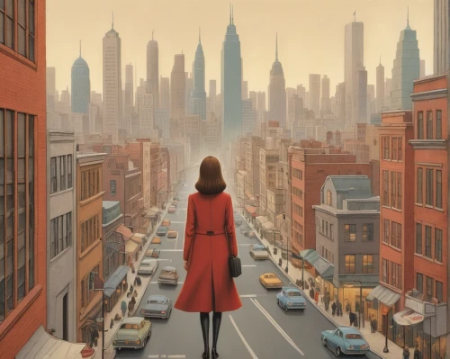 red coat,sci fiction illustration,manhattan,a pedestrian,travel poster,girl walking away,red cape,pedestrian,woman walking,cityscape,big city,city scape,world digital painting,city trans,city view,new york,city ​​portrait,the city,wonder woman city,city,Art,Artistic Painting,Artistic Painting 48