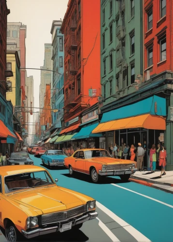 new york taxi,yellow taxi,new york streets,taxicabs,vanishing point,yellow cab,street scene,colorful city,world digital painting,austin cambridge,edsel pacer,city scape,newyork,china town,volvo 140 series,chinatown,taxi cab,new york,street car,vintage art,Conceptual Art,Daily,Daily 08