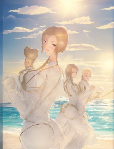the beach pearl,sun bride,beach background,perfume bottle silhouette,sun and sea,white clothing,perfume,ao dai,white figures,bright sun,the dawn family,star winds,beach goers,the three graces,by the sea,summersun,beach scenery,summer background,cg artwork,lily family,Game&Anime,Manga Characters,Blue Fantasy