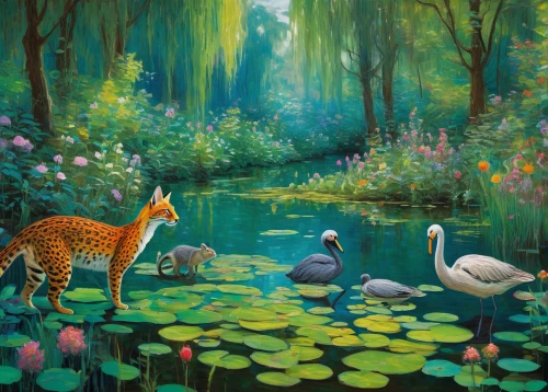 whimsical animals,woodland animals,forest animals,lilly pond,hunting scene,flamingoes,fairy world,flamingos,fairy forest,swan lake,lily pond,lotuses,wetland,cuba flamingos,lotus pond,tropical animals,wildlife reserve,fantasy landscape,brook landscape,fantasy picture,Art,Artistic Painting,Artistic Painting 04