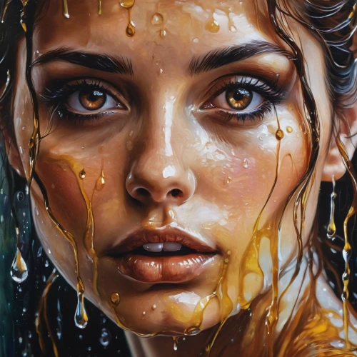 oil painting on canvas,wet girl,tears bronze,girl washes the car,oil painting,golden rain,drenched,oil on canvas,dripping,angel's tears,spark of shower,girl portrait,gold paint stroke,wet,mystical portrait of a girl,oil paint,woman face,teardrops,water splashes,pouring,Illustration,Realistic Fantasy,Realistic Fantasy 10