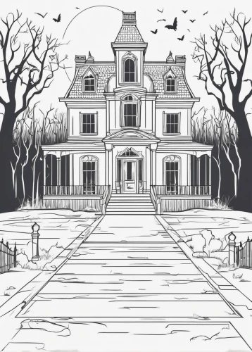 halloween line art,witch house,witch's house,halloween illustration,the haunted house,haunted house,house drawing,coloring page,halloween background,ghost castle,houses clipart,house silhouette,haunted castle,halloween scene,doll's house,creepy house,mansion,coloring pages,hand-drawn illustration,halloween border,Illustration,Black and White,Black and White 04