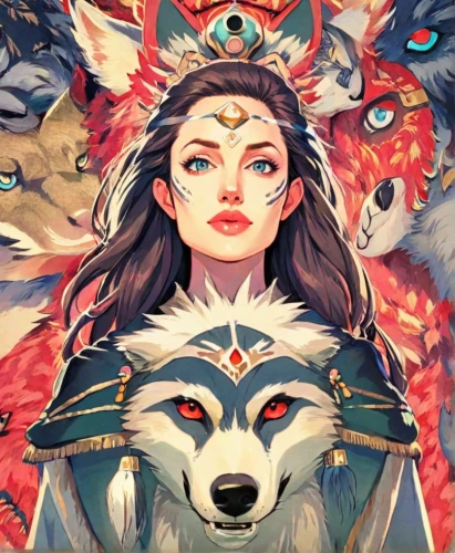 kitsune,shamanic,two wolves,wolves,shamanism,dharma,wolf couple,howling wolf,warrior woman,game illustration,cover,fantasy art,protectors,mulan,asian vision,wolf,totem,nine-tailed,fantasy portrait,inari
