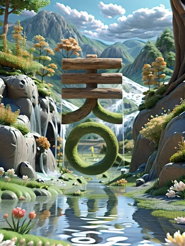 japanese zen garden,cartoon video game background,zen garden,japanese garden,virtual landscape,3d background,background with stones,mountain spring,japanese garden ornament,3d fantasy,oasis,japanese background,portals,crescent spring,3d render,futuristic landscape,zen,zen stones,pond,biome