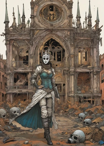 joan of arc,crusader,ruin,ruins,necropolis,the ruins of the,destroyed city,iron mask hero,masquerade,medieval,wasteland,mausoleum ruins,knight festival,venetia,pierrot,venetian,templar,centurion,rome 2,apocalyptic,Illustration,Paper based,Paper Based 26