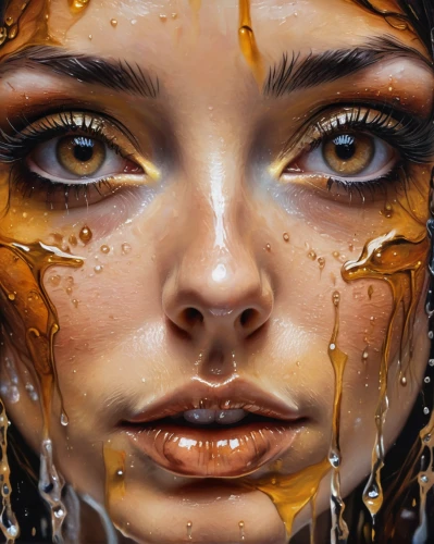 tears bronze,gold paint stroke,gold paint strokes,painted lady,gold leaf,surface tension,dripping,golden rain,golden eyes,wet girl,oil painting on canvas,water splashes,angel's tears,gold foil art,bodypainting,skin texture,fluid,world digital painting,drenched,teardrops,Illustration,Realistic Fantasy,Realistic Fantasy 10