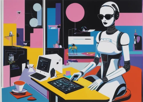 man with a computer,girl at the computer,girl in the kitchen,women in technology,modern pop art,repairman,cashier,computer,industrial robot,neon human resources,telephone operator,cool pop art,computer art,robots,computer addiction,housework,macintosh,postmasters,cybernetics,appliances,Art,Artistic Painting,Artistic Painting 23