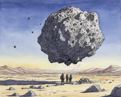 asteroid,asteroids,meteorite impact,lava dome,stone desert,meteorite,megalith,sulfur cosmos,meteor,cluster ballooning,megaliths,meteoroid,rhyolite,terraforming,lunar landscape,barren,rock formation,fumarole,valley of the moon,rock formations,Illustration,Paper based,Paper Based 22