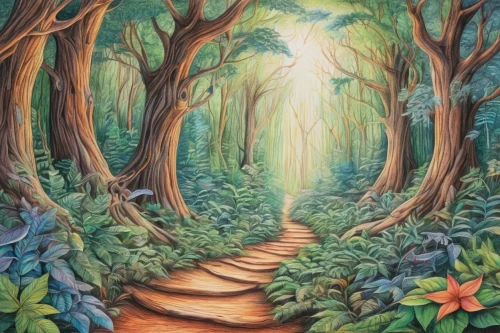 forest path,pathway,fairy forest,the mystical path,forest road,forest of dreams,enchanted forest,elven forest,forest glade,hiking path,tree lined path,forest landscape,the path,the forest,tree top path,forest background,the forests,wooden path,colored pencil background,fairytale forest,Conceptual Art,Daily,Daily 17