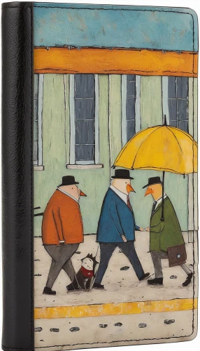 pencil case,coin purse,man with umbrella,glasses case,pencil cases,cool woodblock images,cigarette box,wallet,clip board,wristlet,messenger bag,carrying case,rain stoppers,butter dish,ceramic tile,a pedestrian,olle gill,file folder,pedestrian,purse,Art,Artistic Painting,Artistic Painting 49