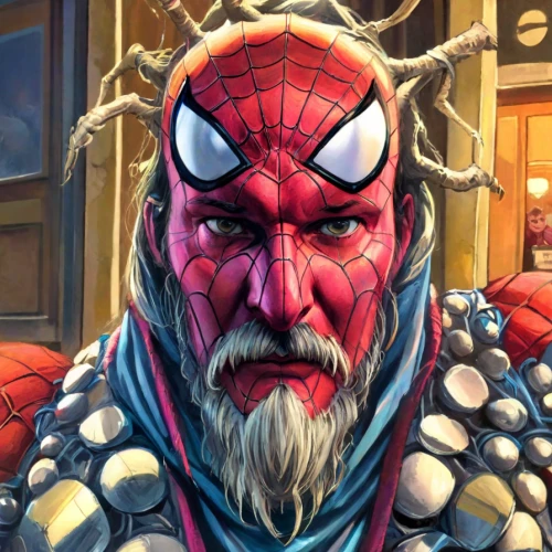 lokportrait,the emperor's mustache,face paint,face painting,red super hero,spider-man,red lantern,detail shot,custom portrait,ffp2 mask,cg artwork,lopushok,male character,comic character,iron mask hero,male mask killer,maul,angry man,red hood,painting easter egg