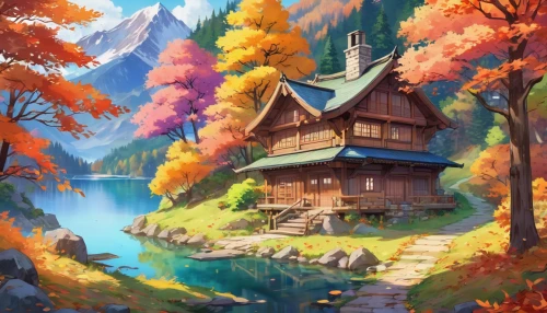 autumn background,autumn landscape,fall landscape,autumn scenery,autumn mountains,house in mountains,autumn idyll,autumn theme,house in the mountains,house with lake,home landscape,house in the forest,landscape background,autumn day,autumn camper,cottage,mountain settlement,fantasy landscape,mountain village,autumn forest,Illustration,Japanese style,Japanese Style 03