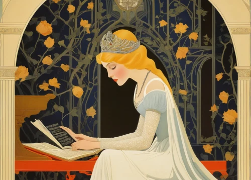 girl at the computer,kate greenaway,vintage illustration,art deco woman,girl studying,jane austen,typewriting,pianist,fairy tale icons,typewriter,book illustration,women in technology,woman eating apple,fairy tale character,art nouveau,cinderella,girl picking apples,art deco,fairy tales,fairy tale,Illustration,Retro,Retro 15