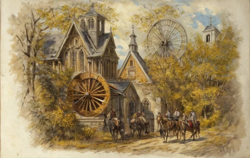 village scene,the windmills,church painting,water wheel,notre dame de sénanque,medieval,notredame de paris,dutch mill,medieval market,old windmill,hunting scene,windmill,pilgrims,rathauskeller,girl with a wheel,19th century,historic windmill,delft,amusement ride,children's ride,Game Scene Design,Game Scene Design,Renaissance